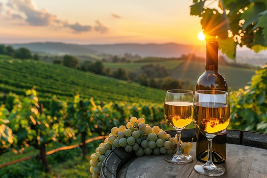 Weinflasche und Gläser in einem Weinberg bei Sonnenuntergang